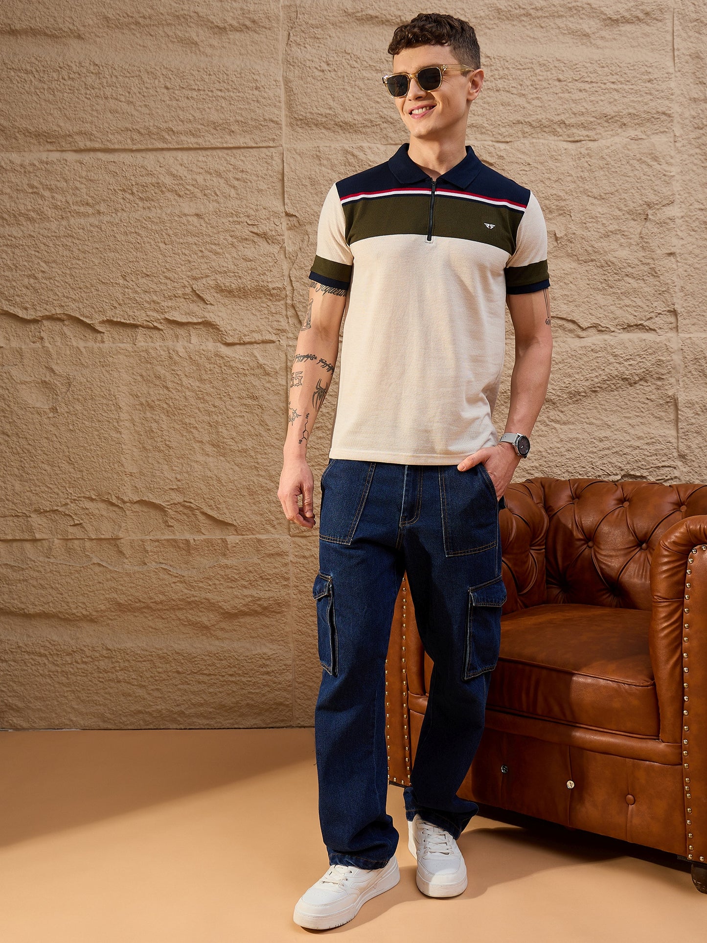 Men Striped Polo T-shirt Beige