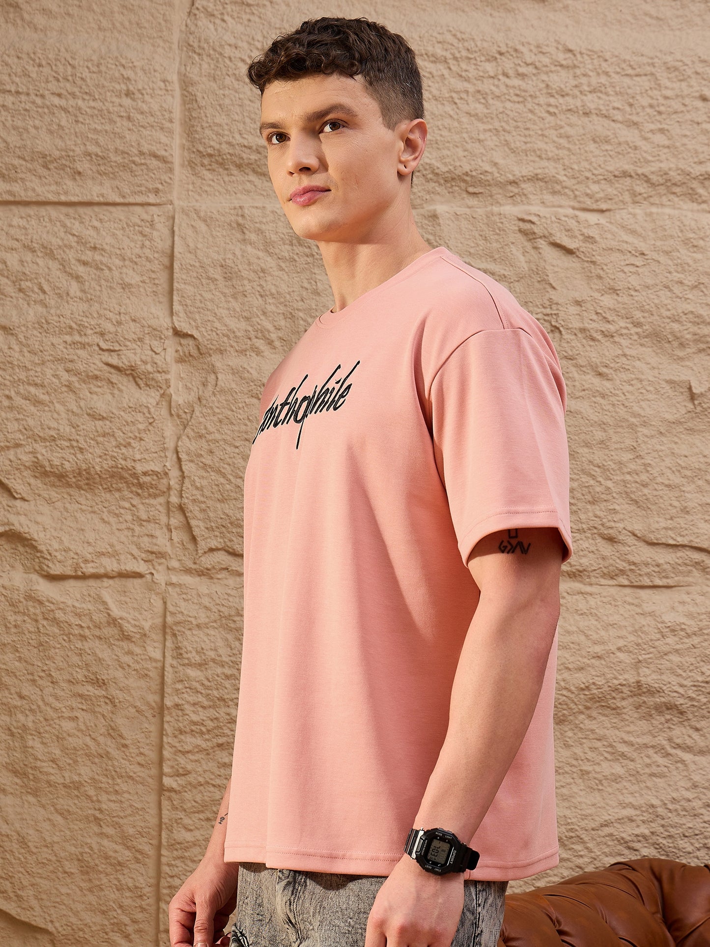 Men Oversized Round Neck Drop shoulder T-shirt Peach