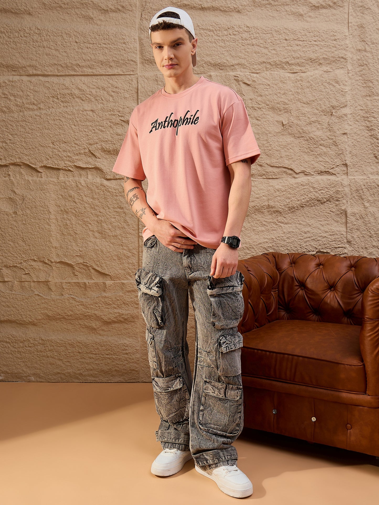Men Oversized Round Neck Drop shoulder T-shirt Peach