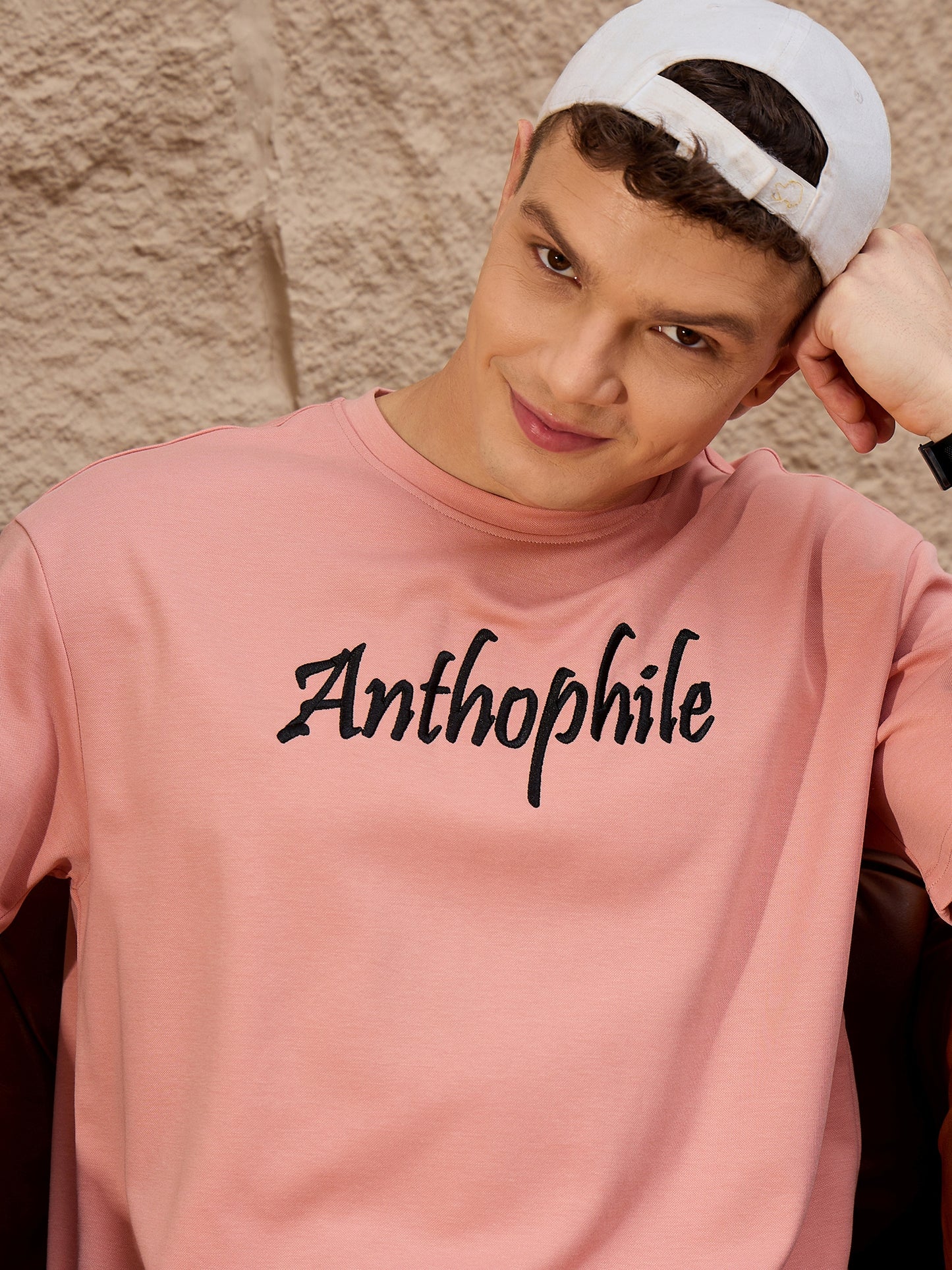 Men Oversized Round Neck Drop shoulder T-shirt Peach