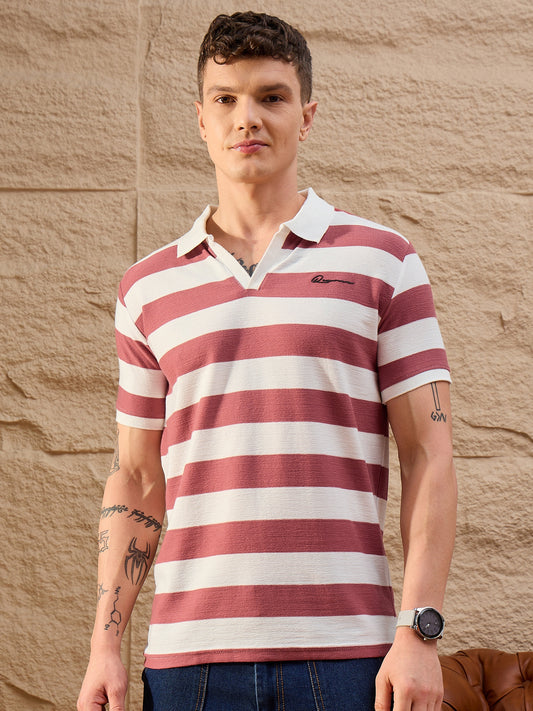 Men Striped Polo T-shirt White & Maroon