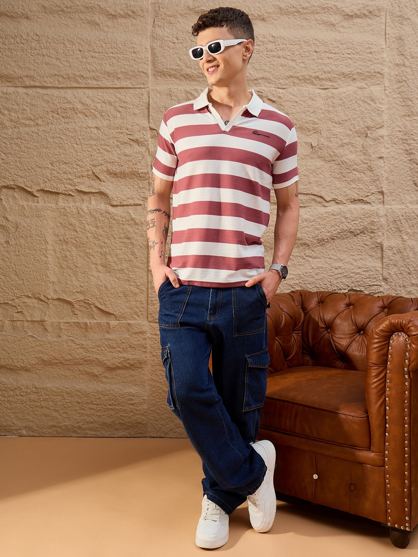 Men Striped Polo T-shirt White & Maroon