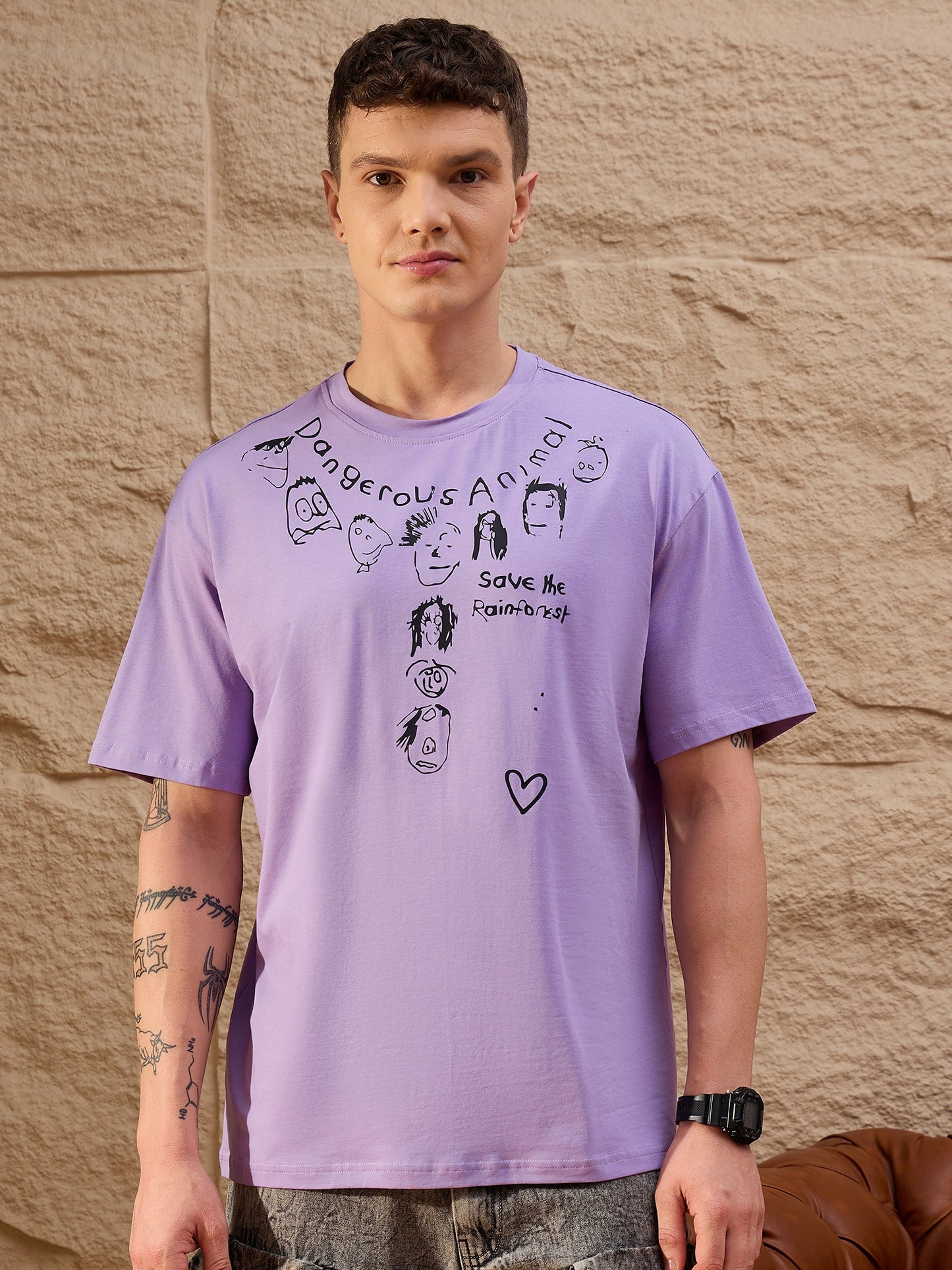 Men Oversized Round Neck Drop shoulder T-shirt Lilac