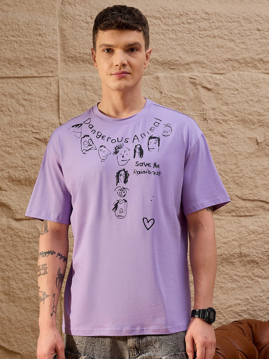 Men Oversized Printed Round Neck Drop shoulder T-shirt Lilac