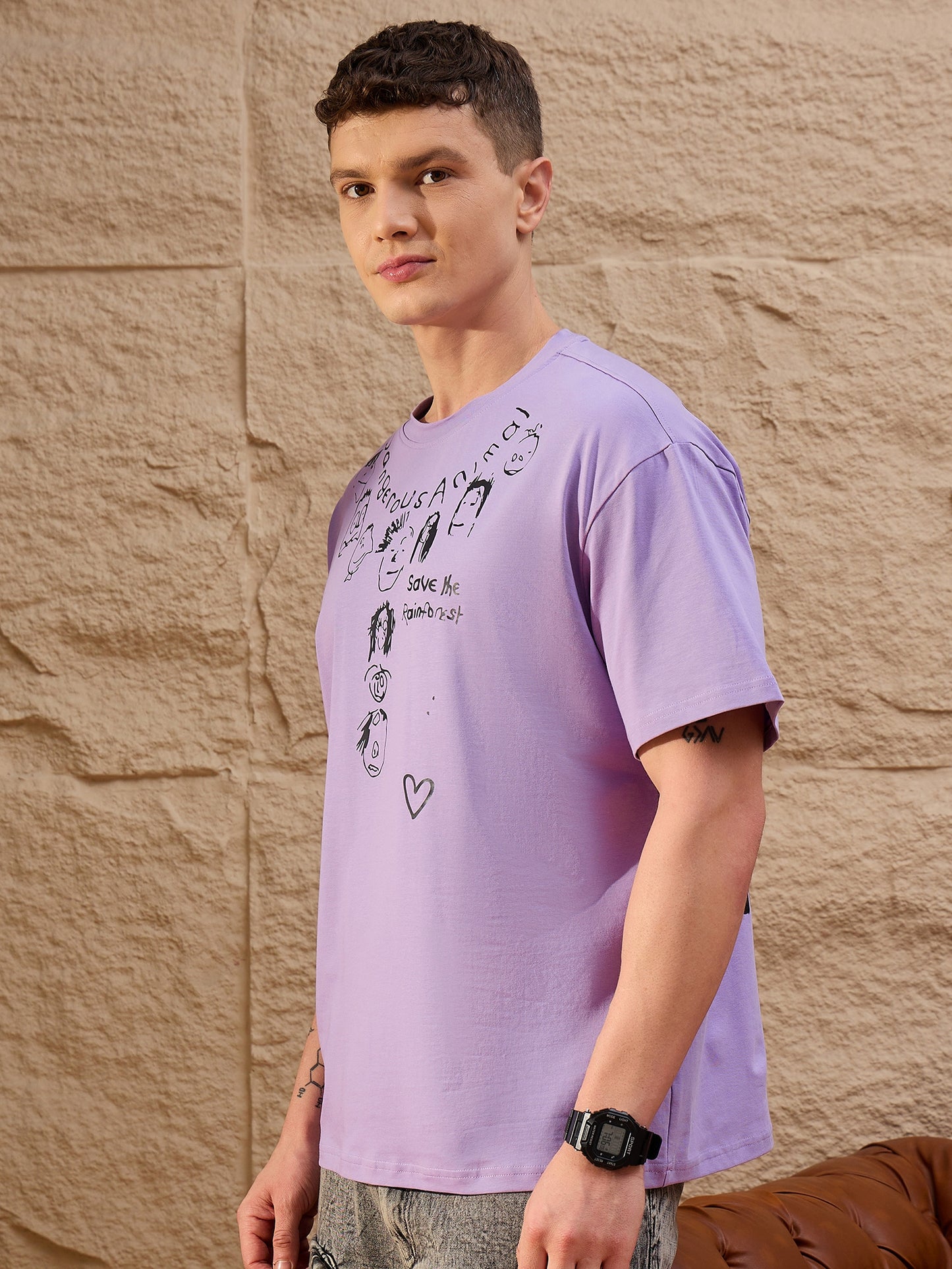 Men Oversized Round Neck Drop shoulder T-shirt Lilac