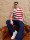 Men Striped Polo T-shirt White & Maroon
