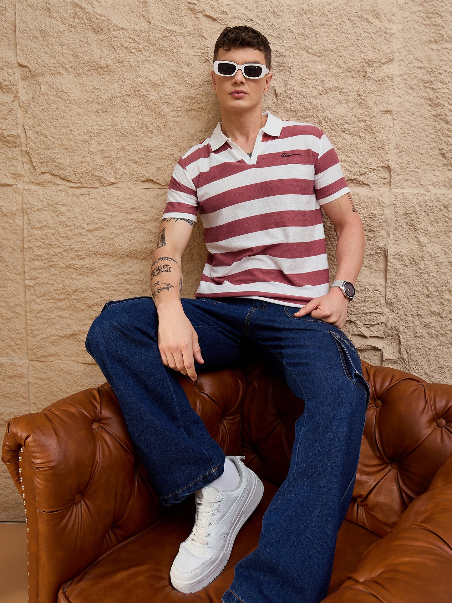 Men Striped Polo T-shirt White & Maroon