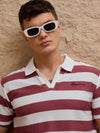Men Striped Polo T-shirt White & Maroon