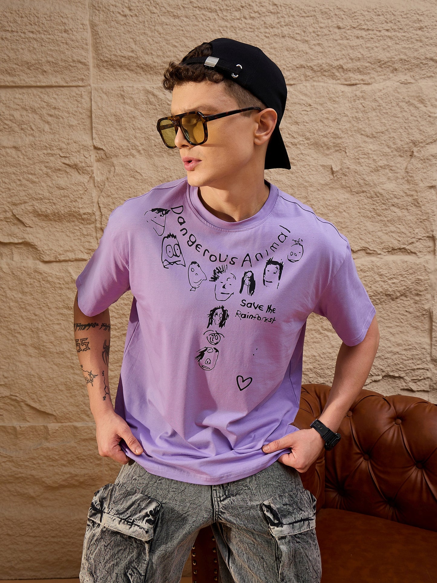 Men Oversized Round Neck Drop shoulder T-shirt Lilac