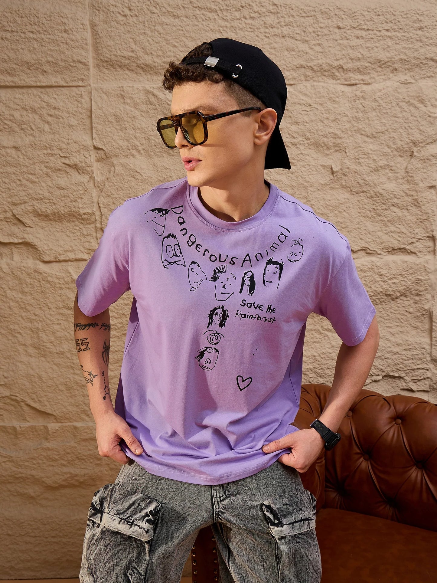 Men Oversized Printed Round Neck Drop shoulder T-shirt Lilac