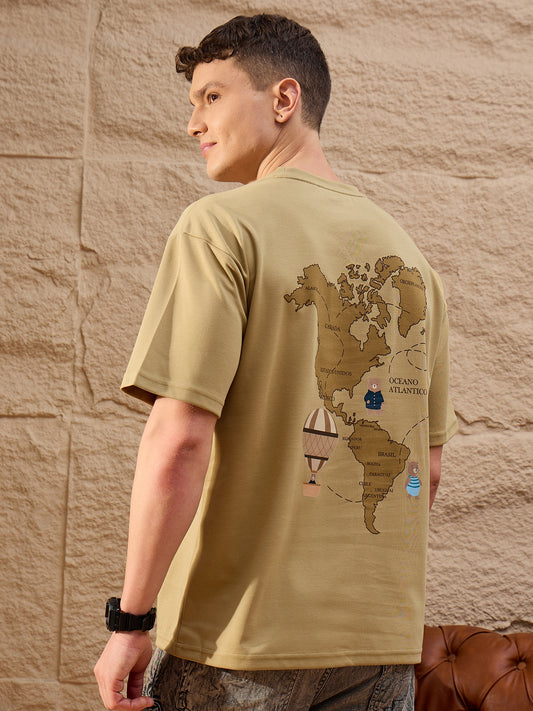 Men Oversized Round Neck Drop shoulder T-shirt Light Brown