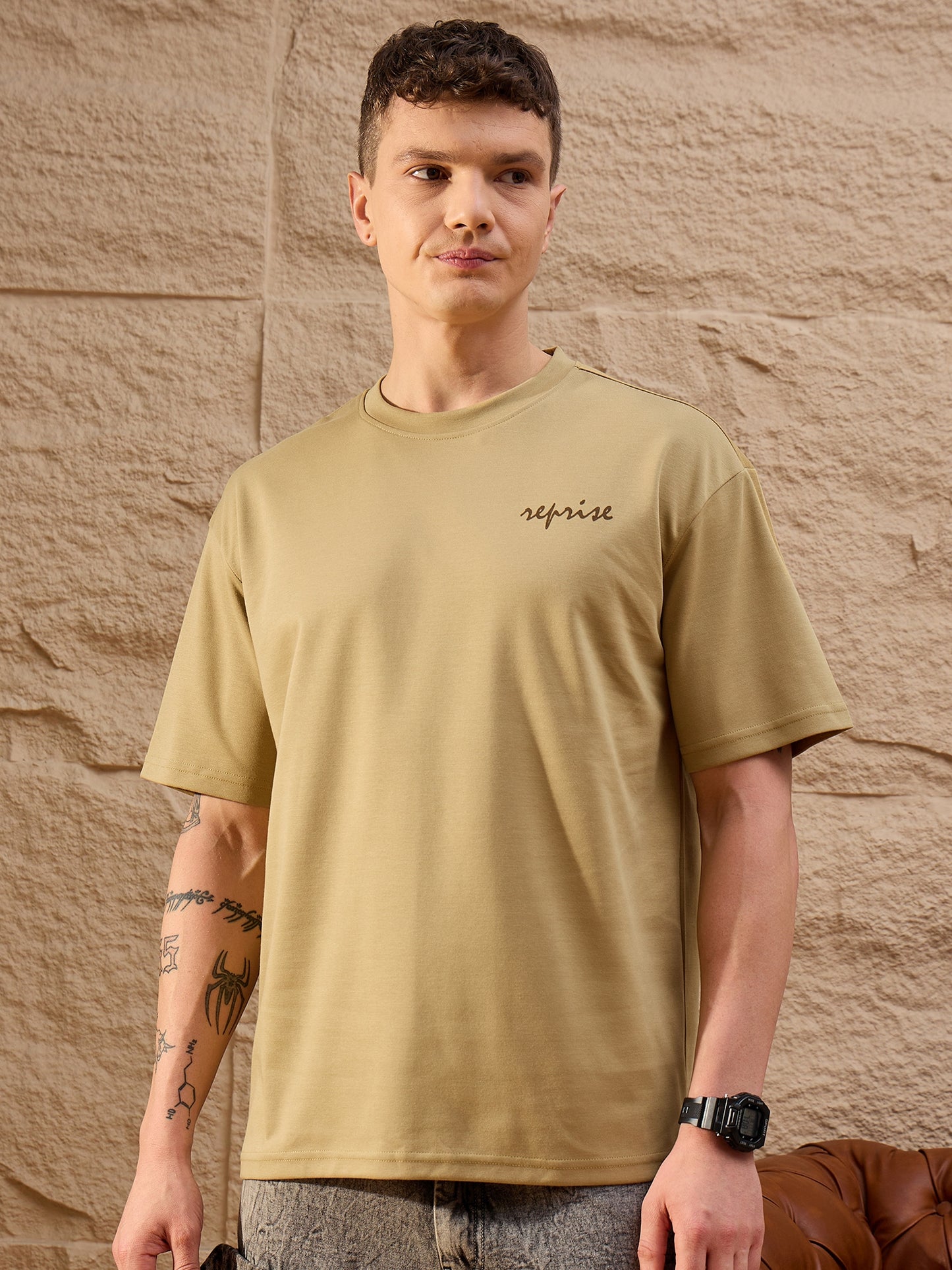 Men Oversized Round Neck Drop shoulder T-shirt Light Brown