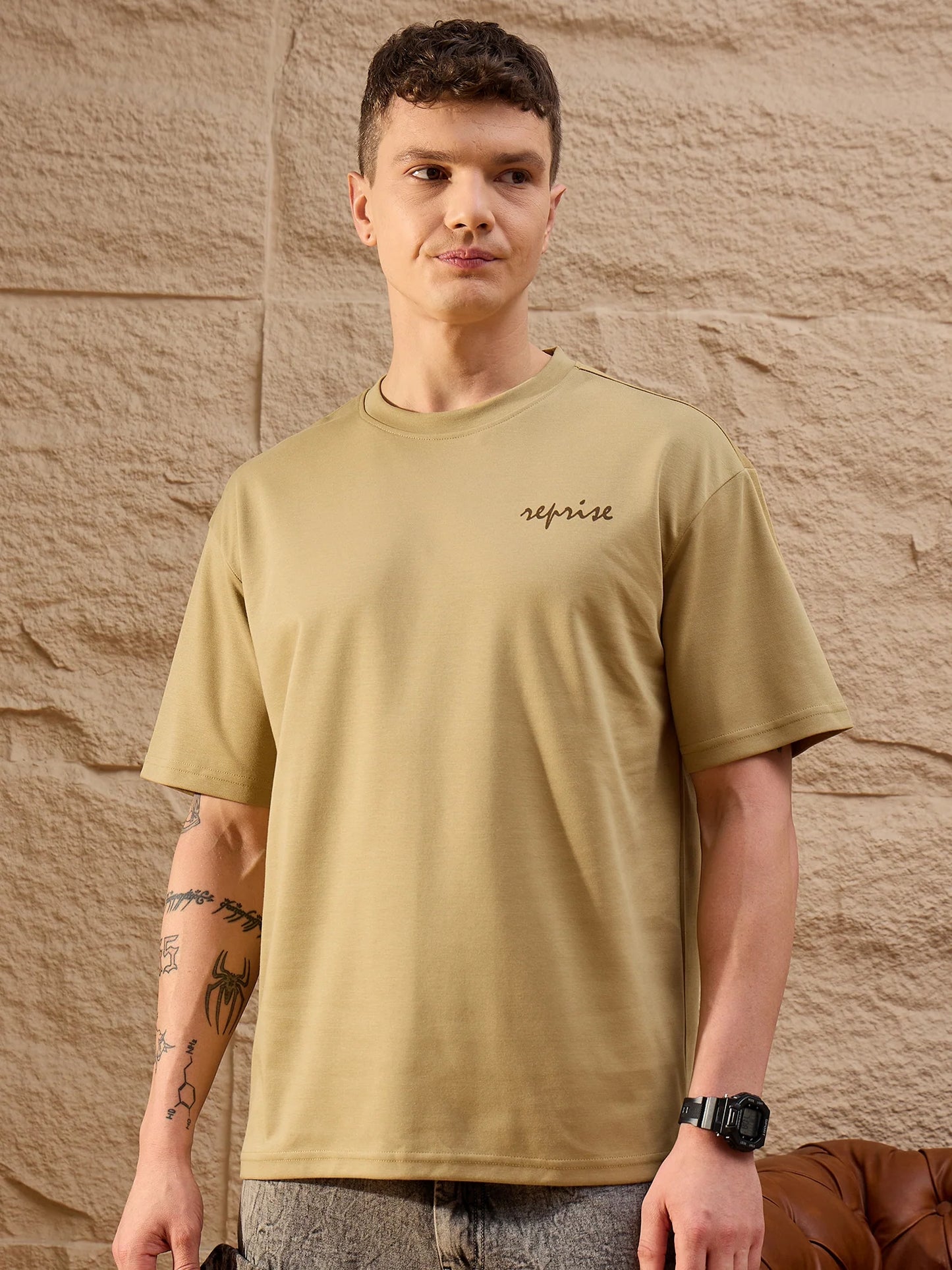 Men Oversized Printed Round Neck Drop shoulder T-shirt Light Brown