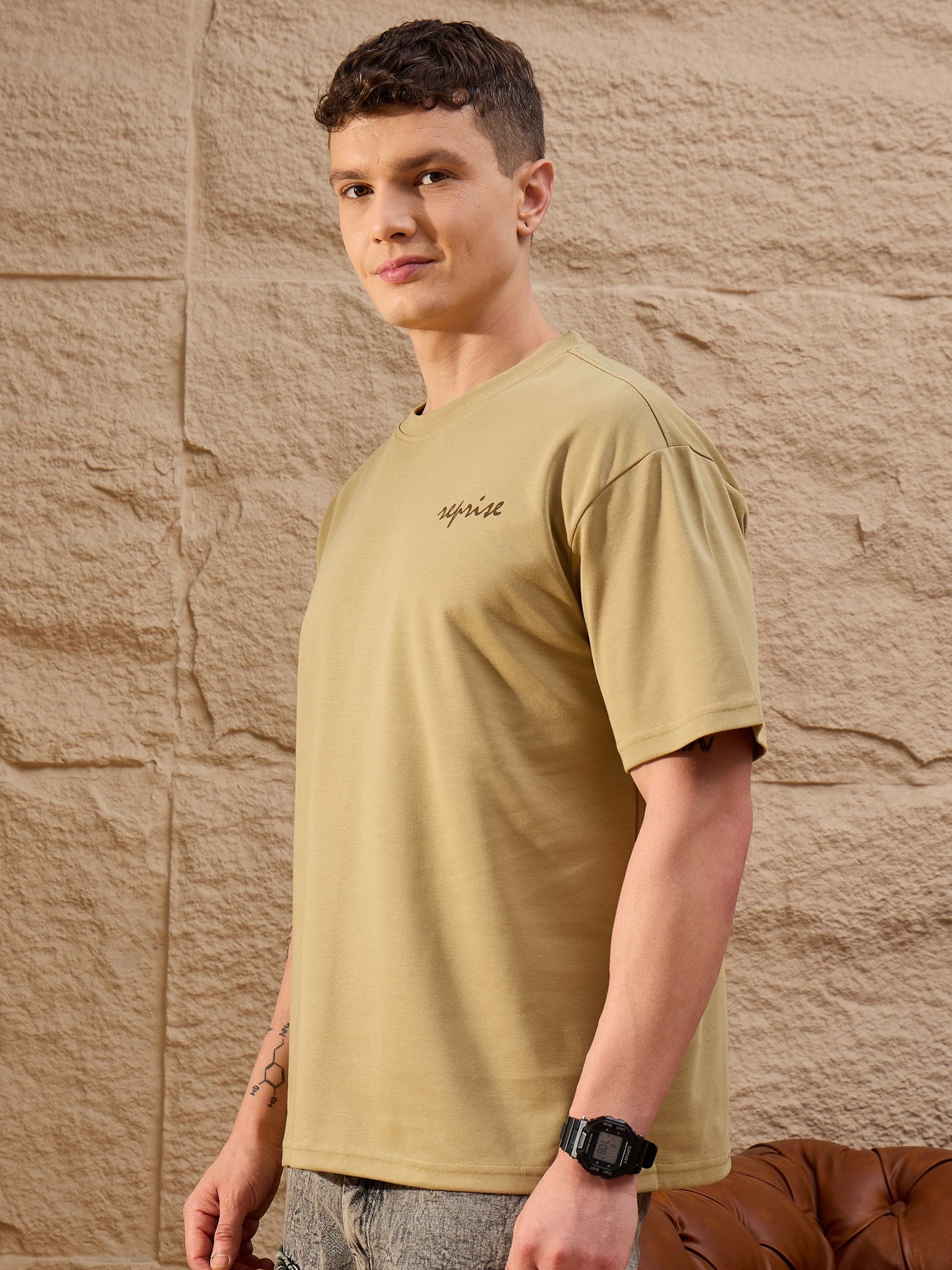Men Oversized Round Neck Drop shoulder T-shirt Light Brown