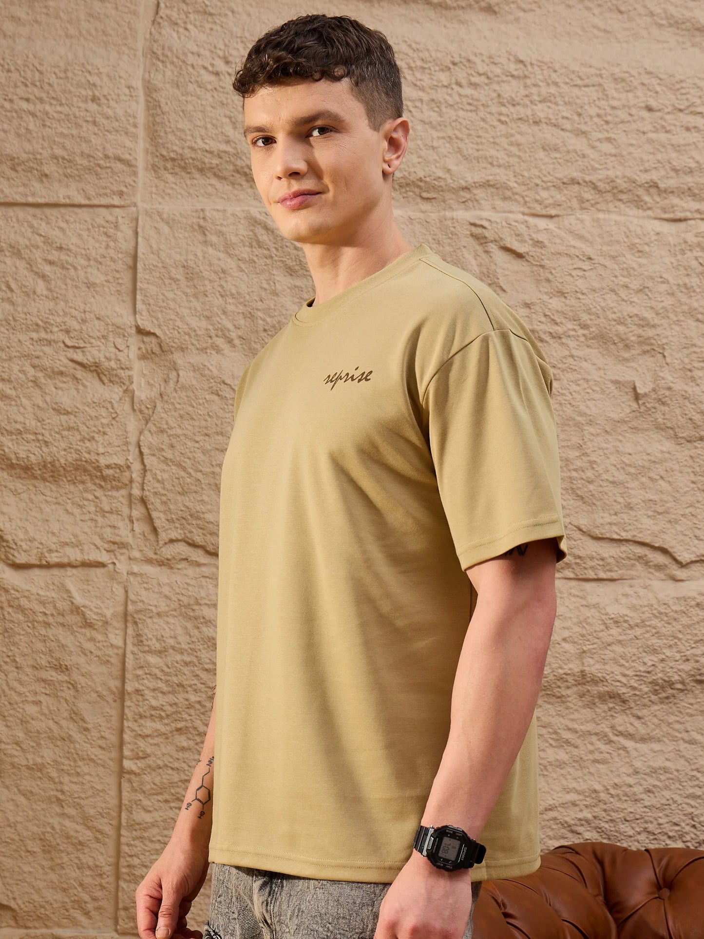 Men Oversized Printed Round Neck Drop shoulder T-shirt Light Brown
