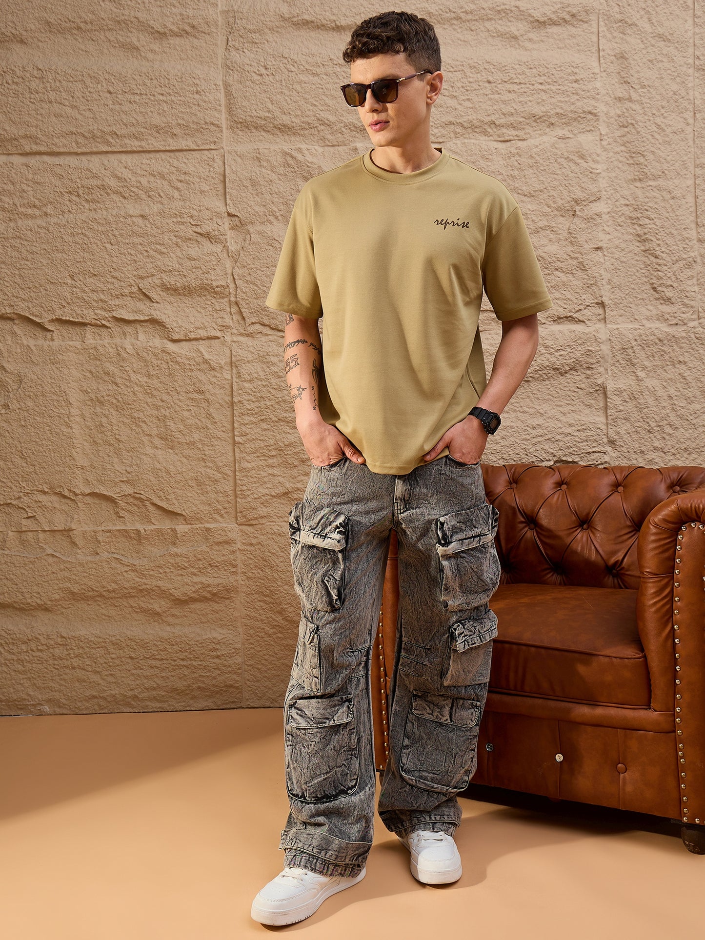 Men Oversized Round Neck Drop shoulder T-shirt Light Brown