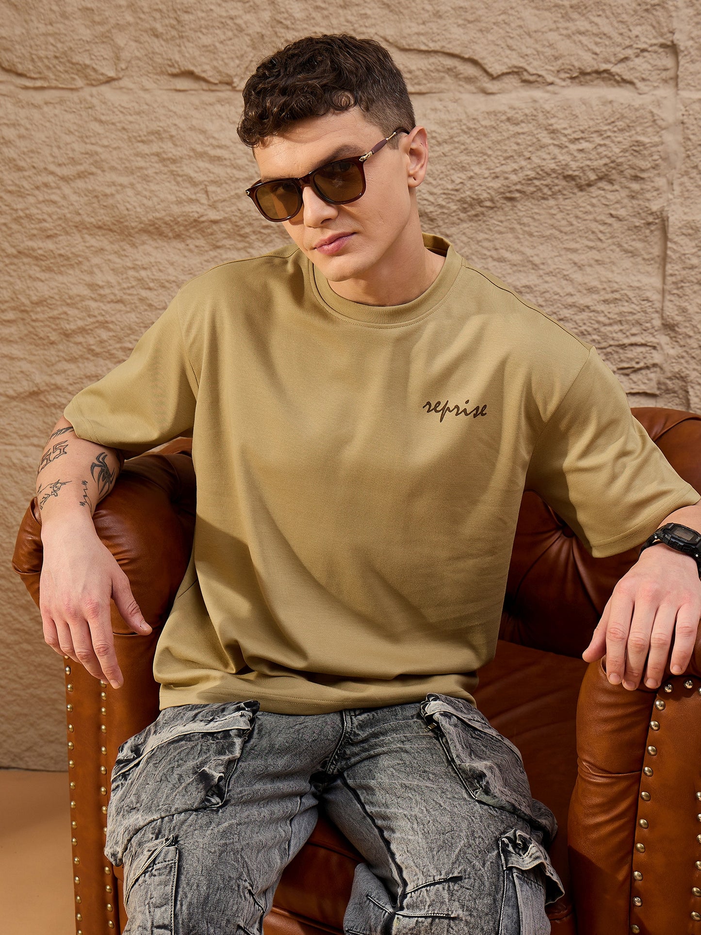 Men Oversized Round Neck Drop shoulder T-shirt Light Brown