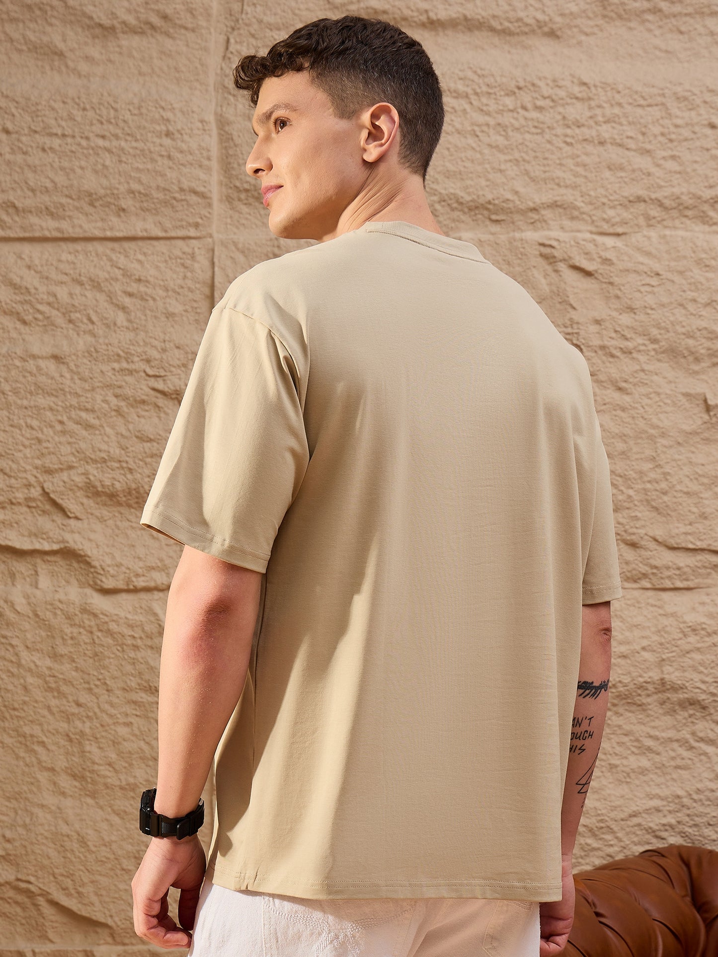 Men Oversized Round Neck Drop shoulder T-shirt Beige