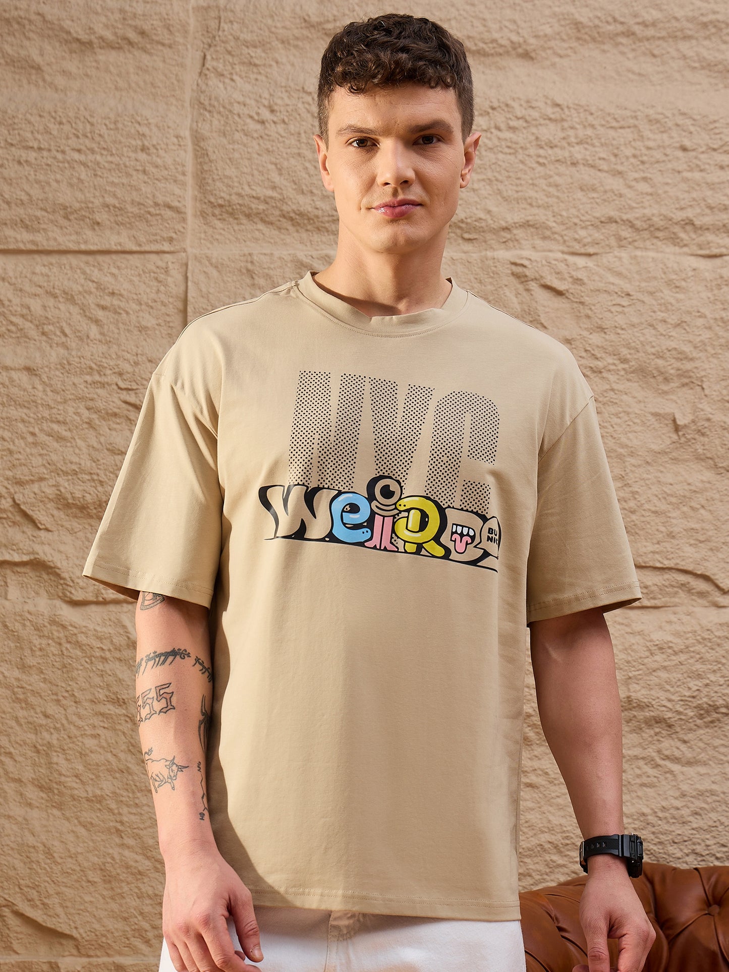 Men Oversized Round Neck Drop shoulder T-shirt Beige