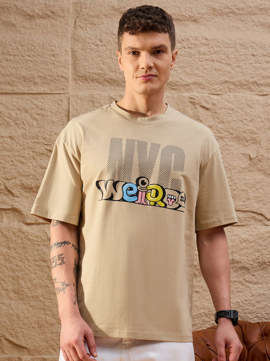 Men Oversized Round Neck Drop shoulder T-shirt Beige