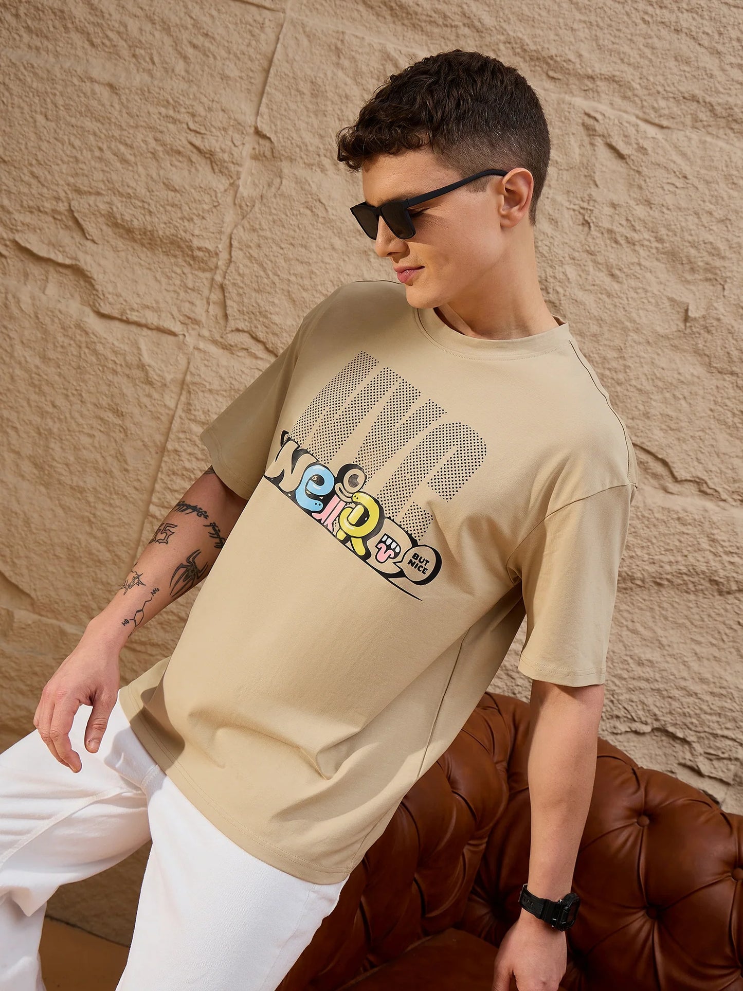 Men Oversized Printed Round Neck Drop shoulder T-shirt Beige