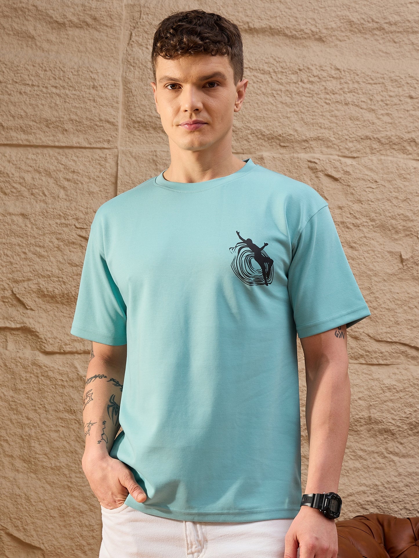 Men Oversized Round Neck Drop shoulder T-shirt Sky Blue