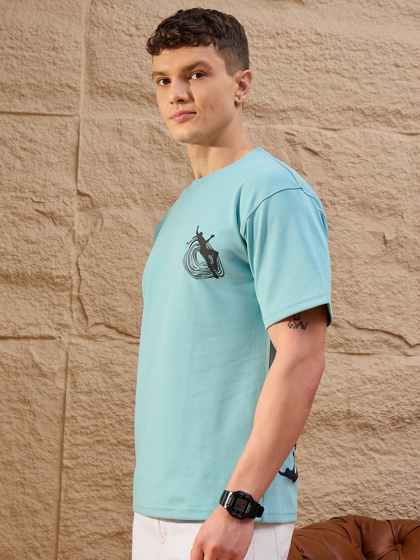 Men Oversized Round Neck Drop shoulder T-shirt Sky Blue