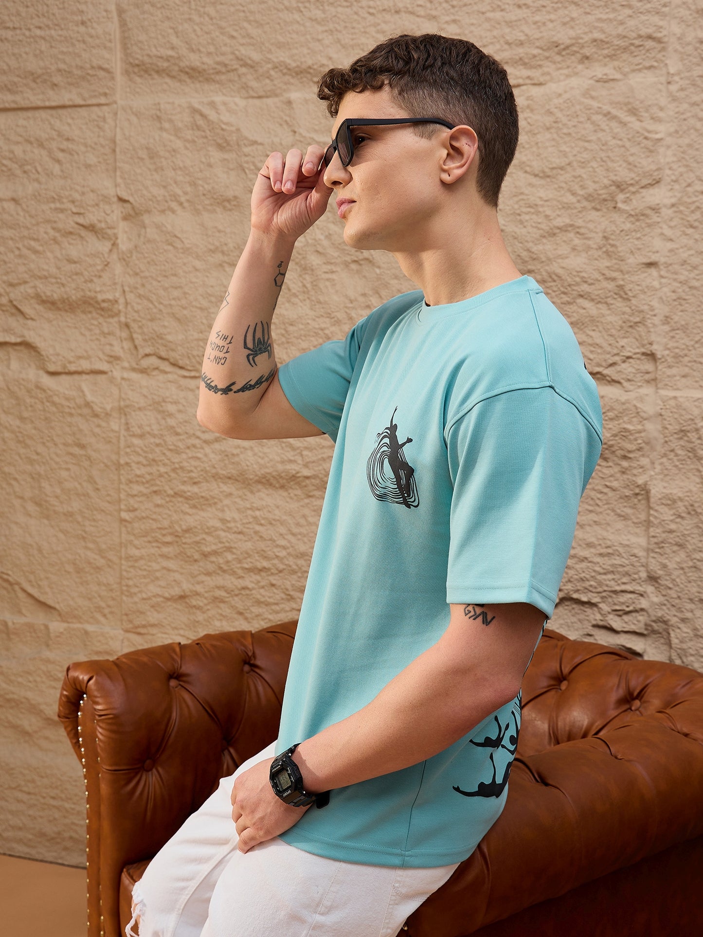 Men Oversized Round Neck Drop shoulder T-shirt Sky Blue
