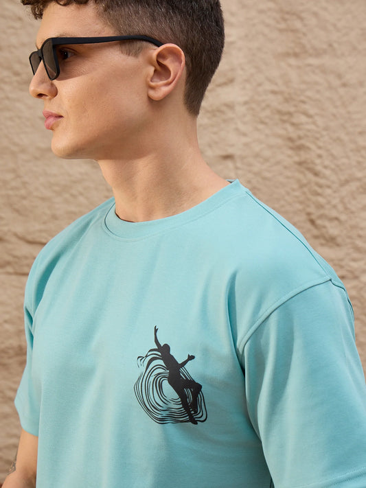 Men Oversized Printed Round Neck Drop shoulder T-shirt Sky Blue - Reprise