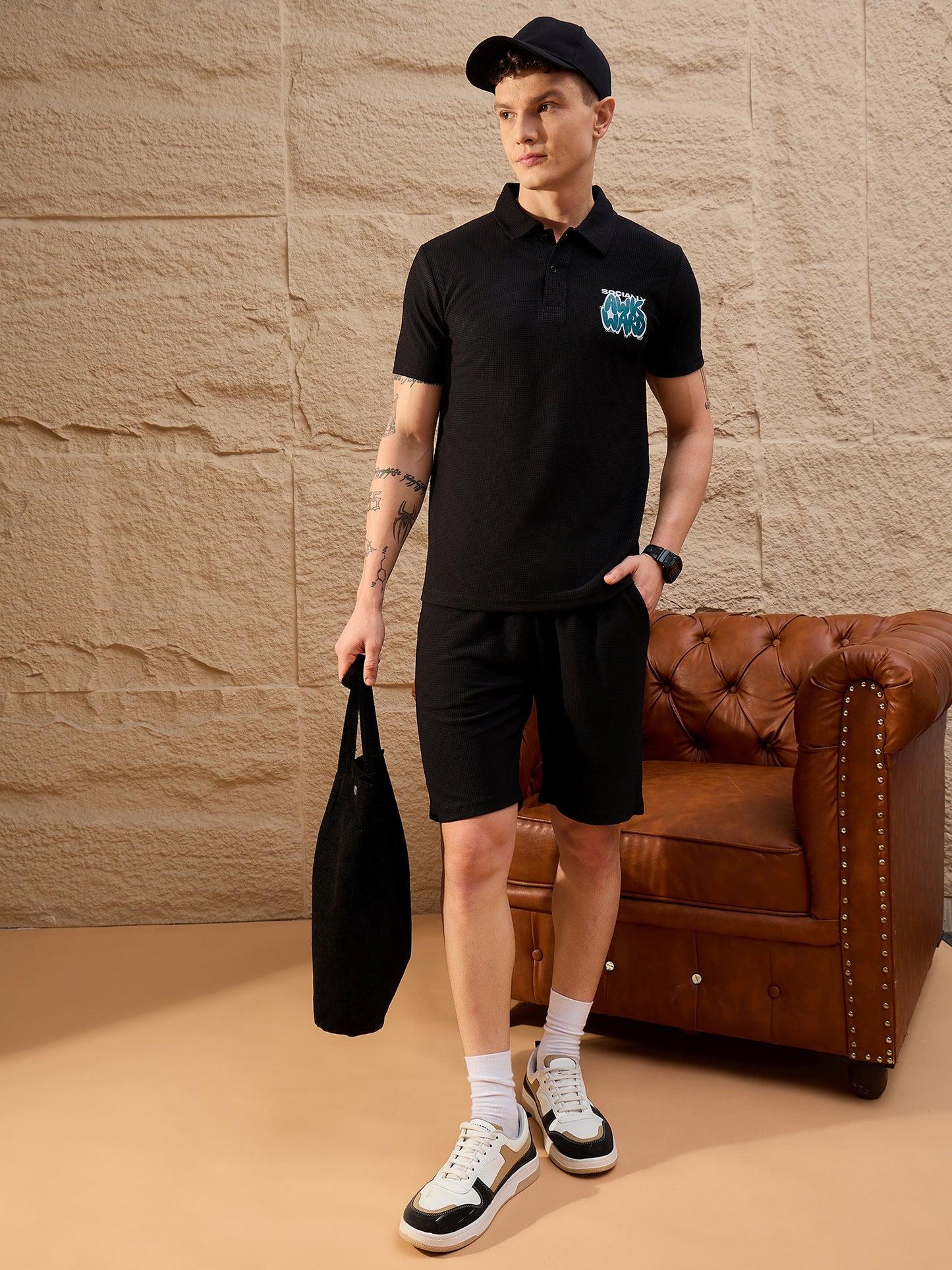 Men Printed Co-ord Set Black