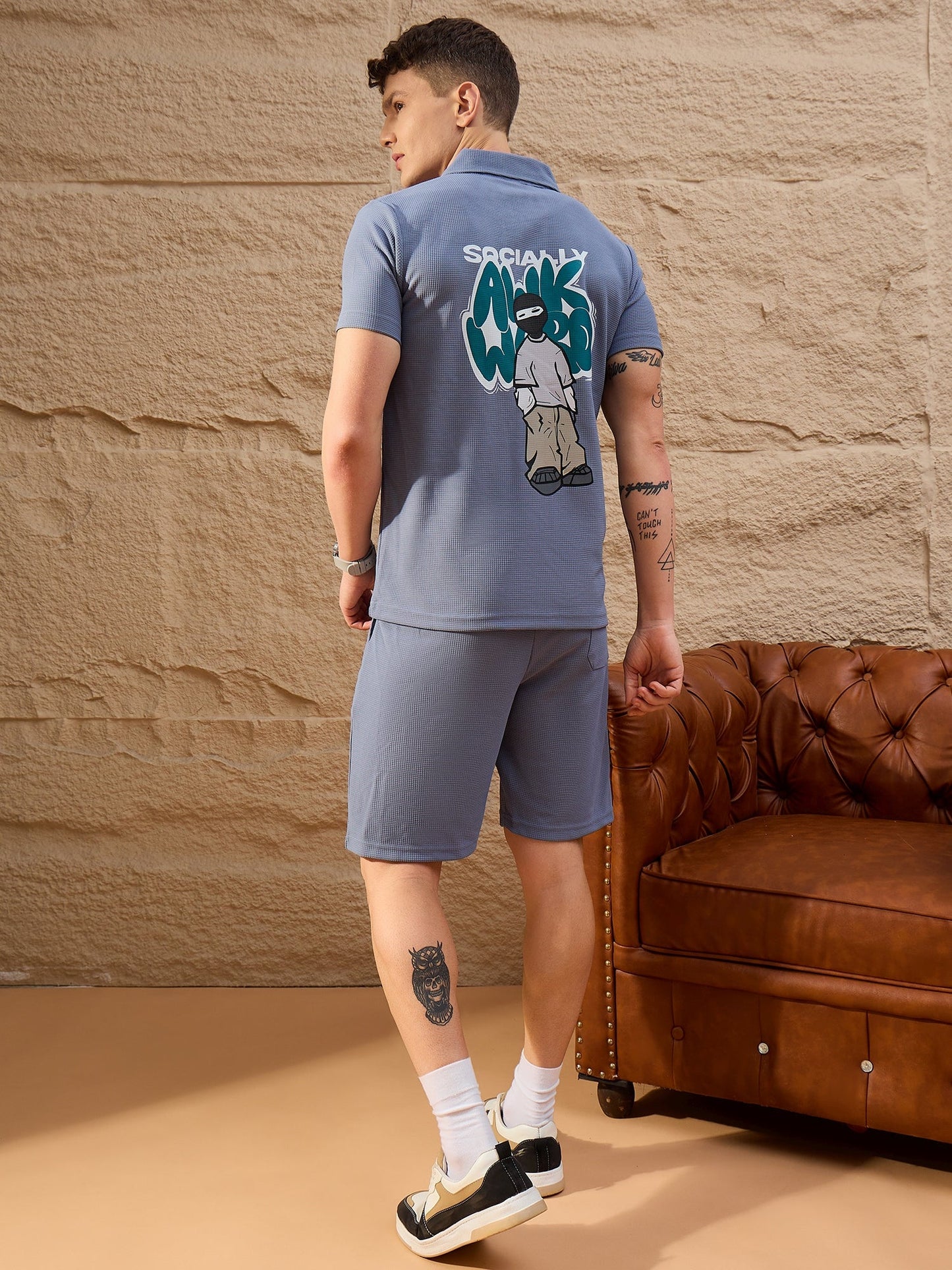 Men Printed Co-ord Set Blue