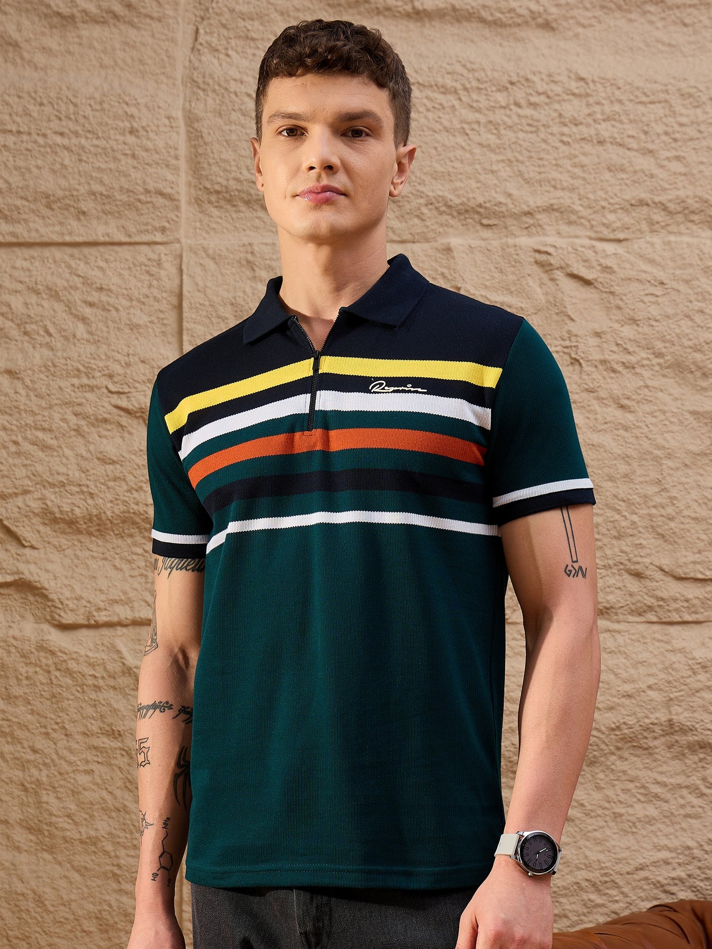 Men Striped Polo T-shirt Bottle Green