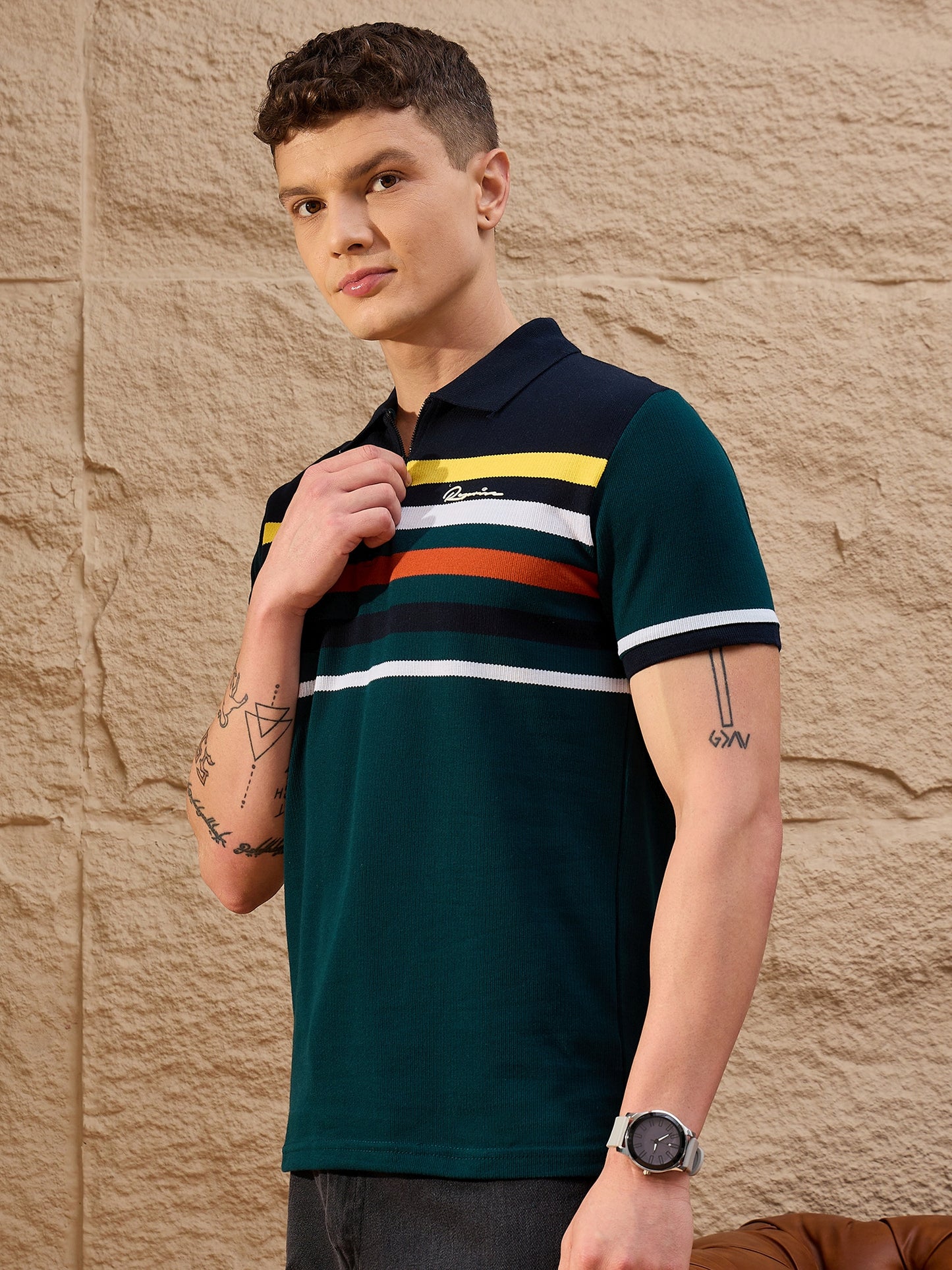Men Striped Polo T-shirt Bottle Green