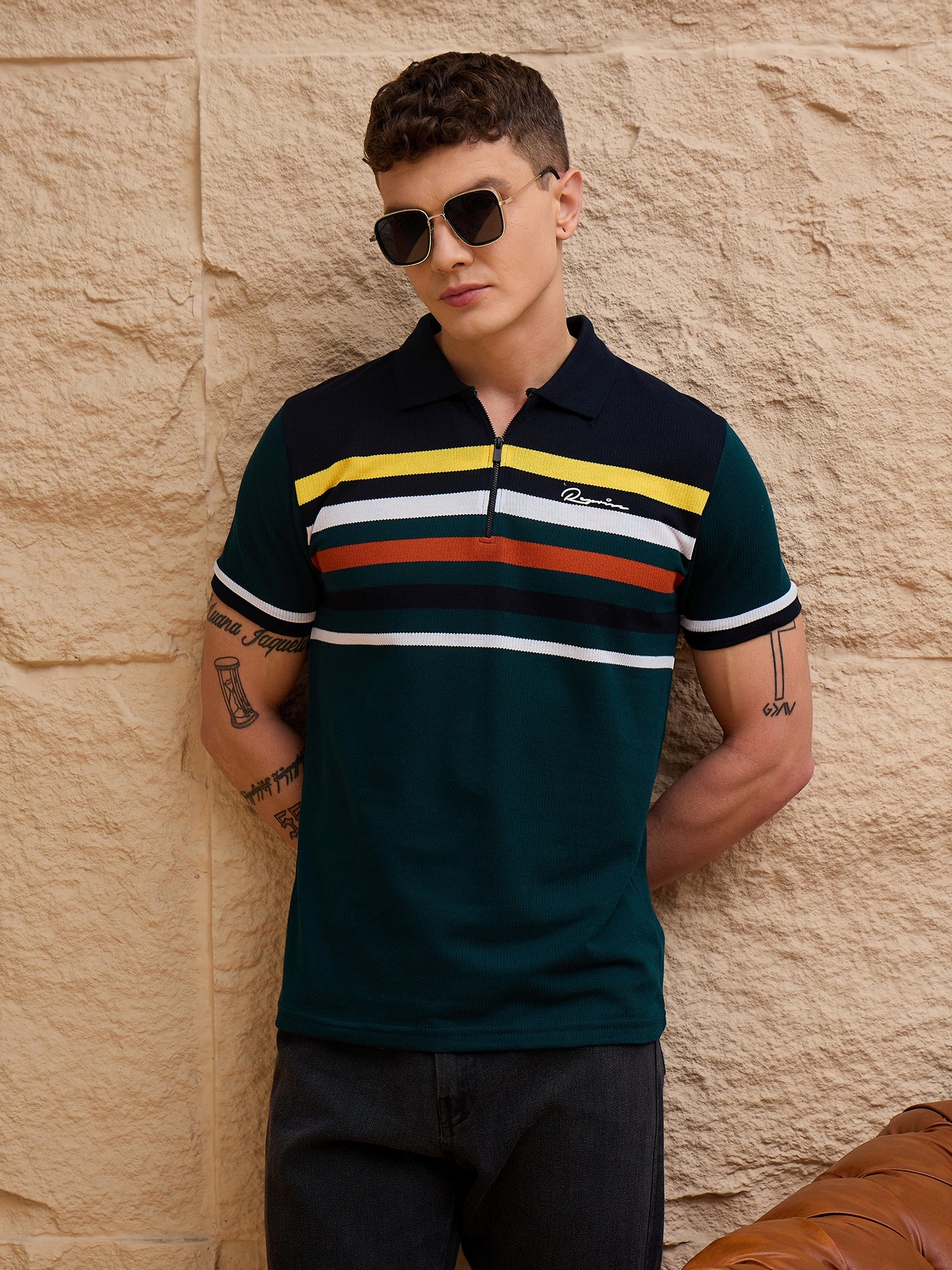 Men Striped Polo T-shirt Bottle Green