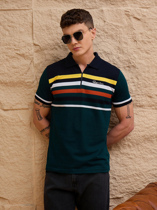 Men Striped Polo T-shirt Bottle Green