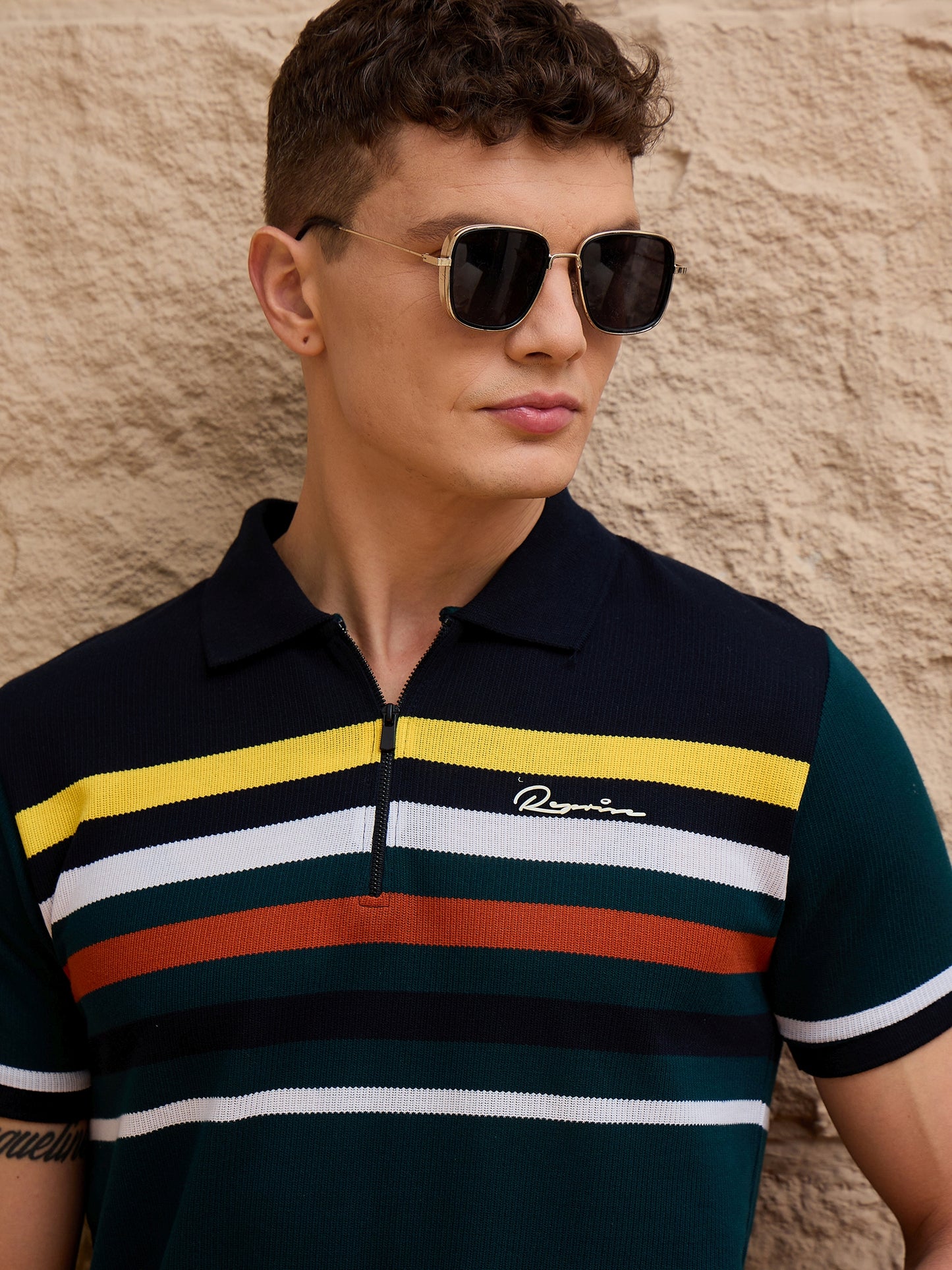 Men Striped Polo T-shirt Bottle Green