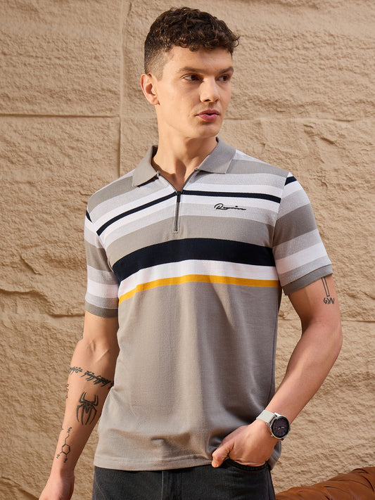 Men Striped Polo T-shirt Grey