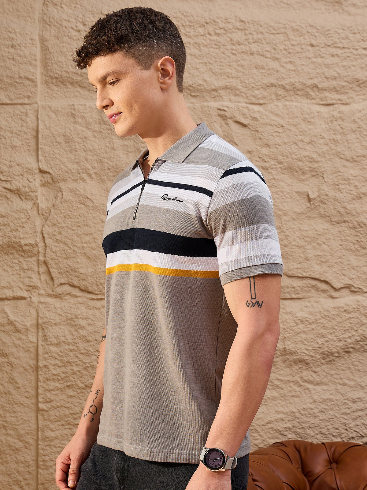 Men Striped Polo T-shirt Grey