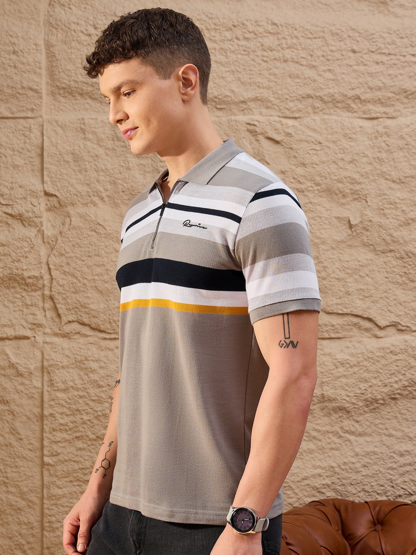 Men Striped Polo T-shirt Grey