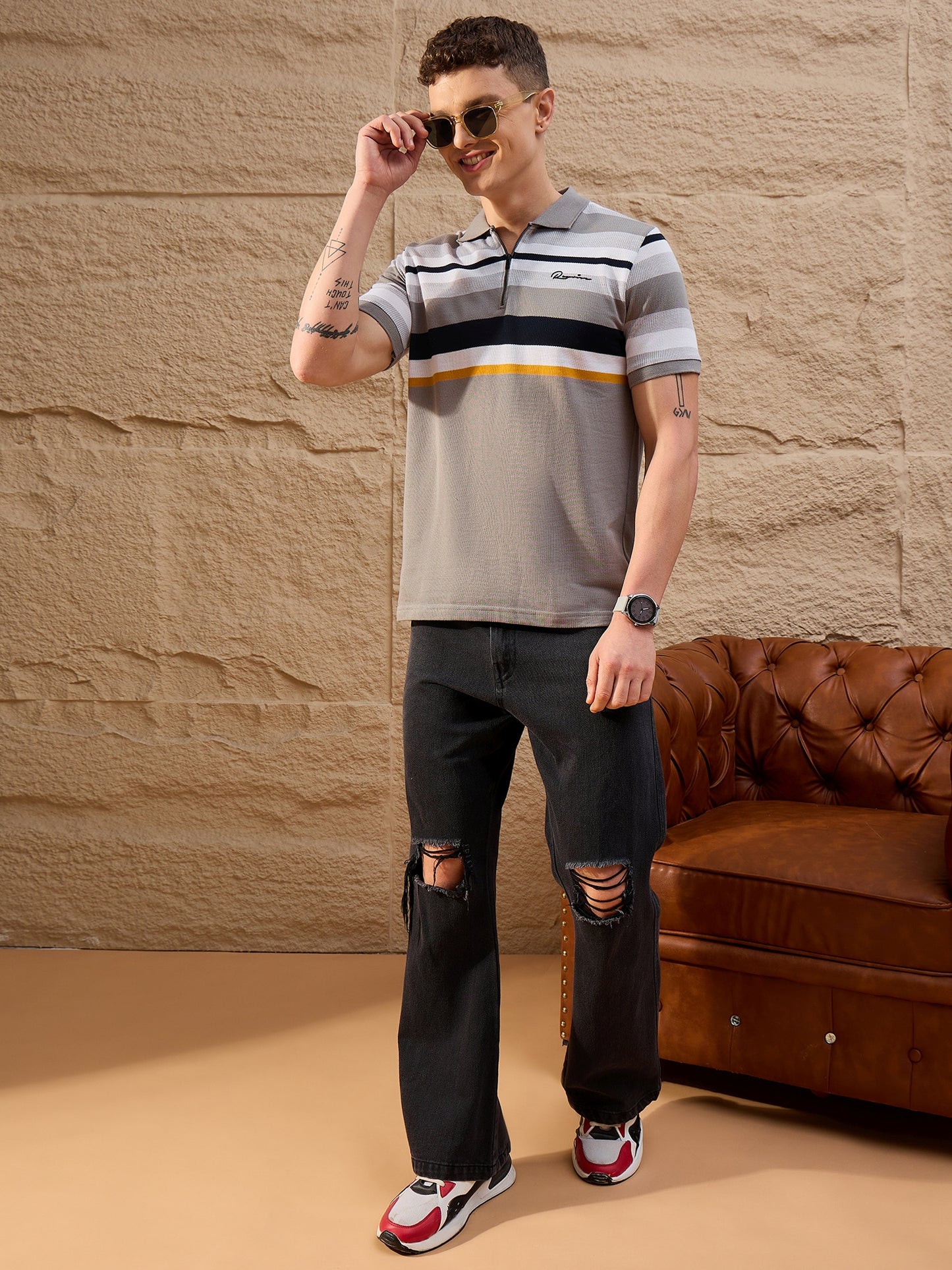 Men Striped Polo T-shirt Grey
