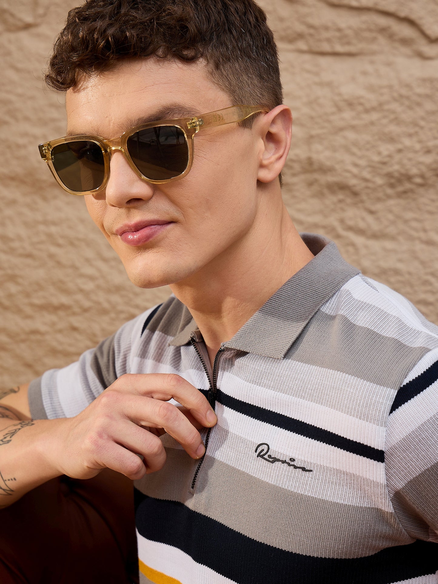 Men Striped Polo T-shirt Grey