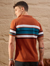 Men Striped Polo T-shirt Brown