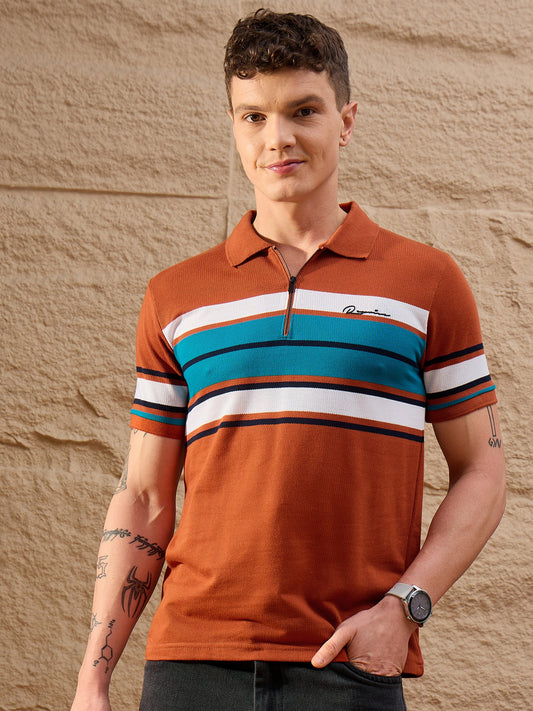 Men Striped Polo T-shirt Brown
