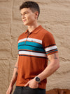 Men Striped Polo T-shirt Brown