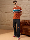 Men Striped Polo T-shirt Brown