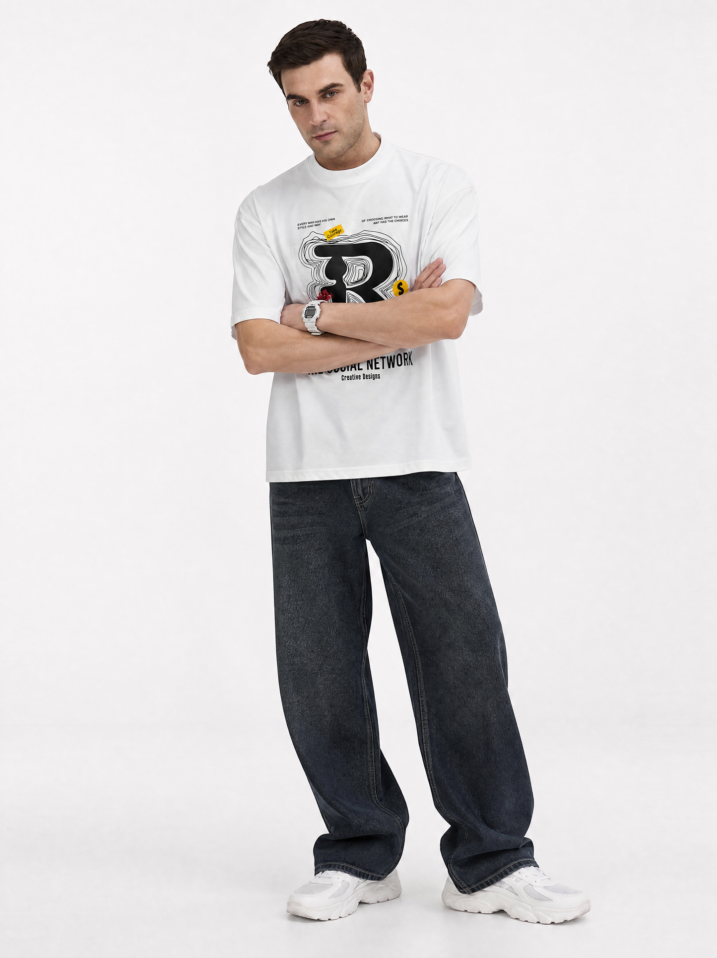 Men Oversized Printed Round Neck Drop shoulder T-shirt White