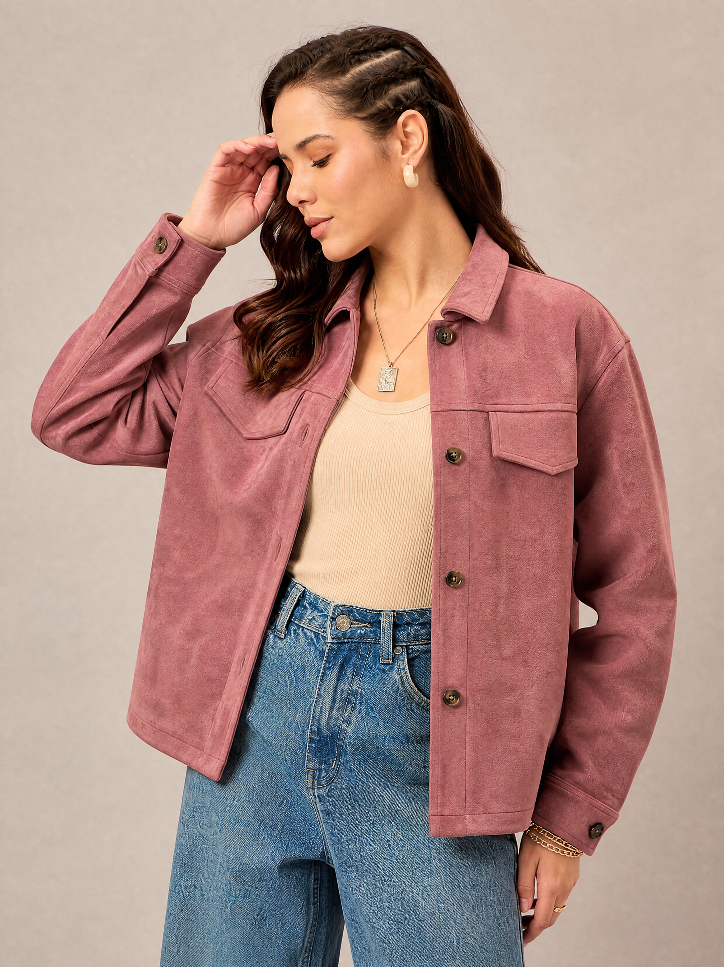 Women Plain Jacket Pink