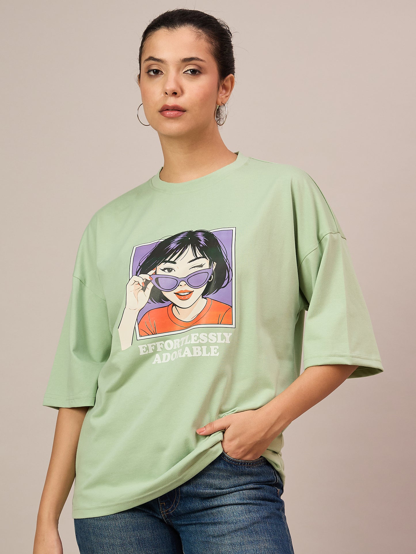 Women Printed Oversized Tees Light Green