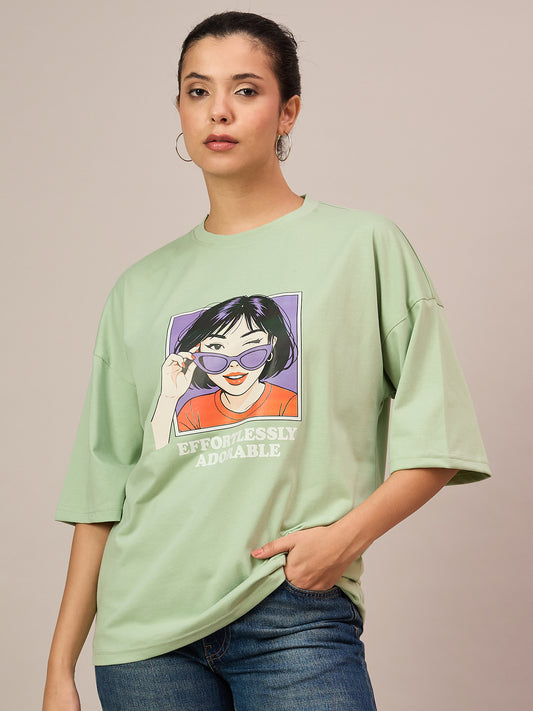 Women Printed Oversized Tees Light Green