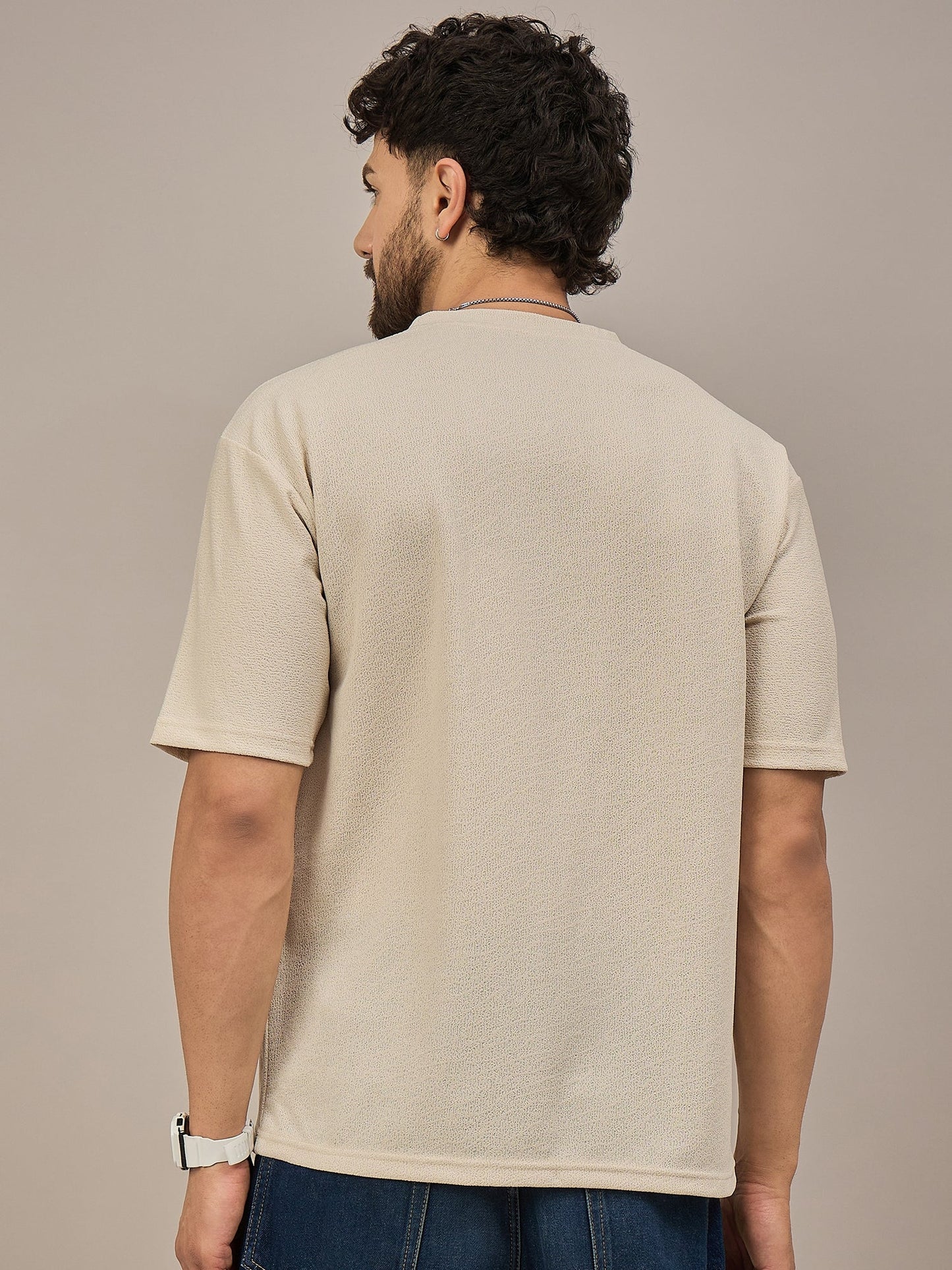 Men Oversized Printed Round Neck Drop Shoulder T-shirt Cream